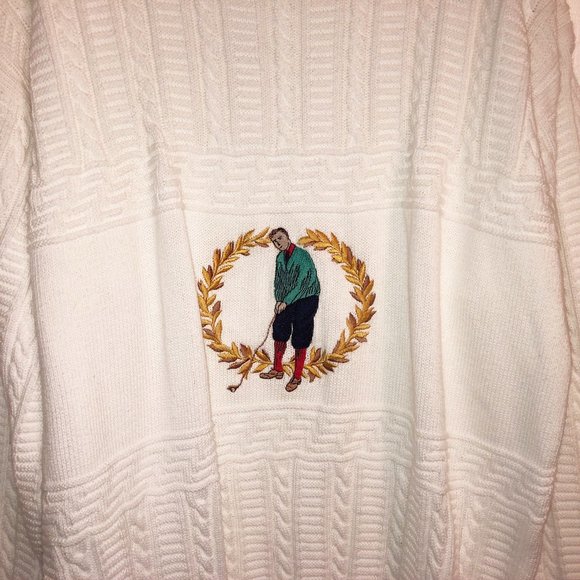 Vintage White Cotton HUGE Grampa Sweater XL Pringle Scotland Golf Embroidered - Picture 3 of 8
